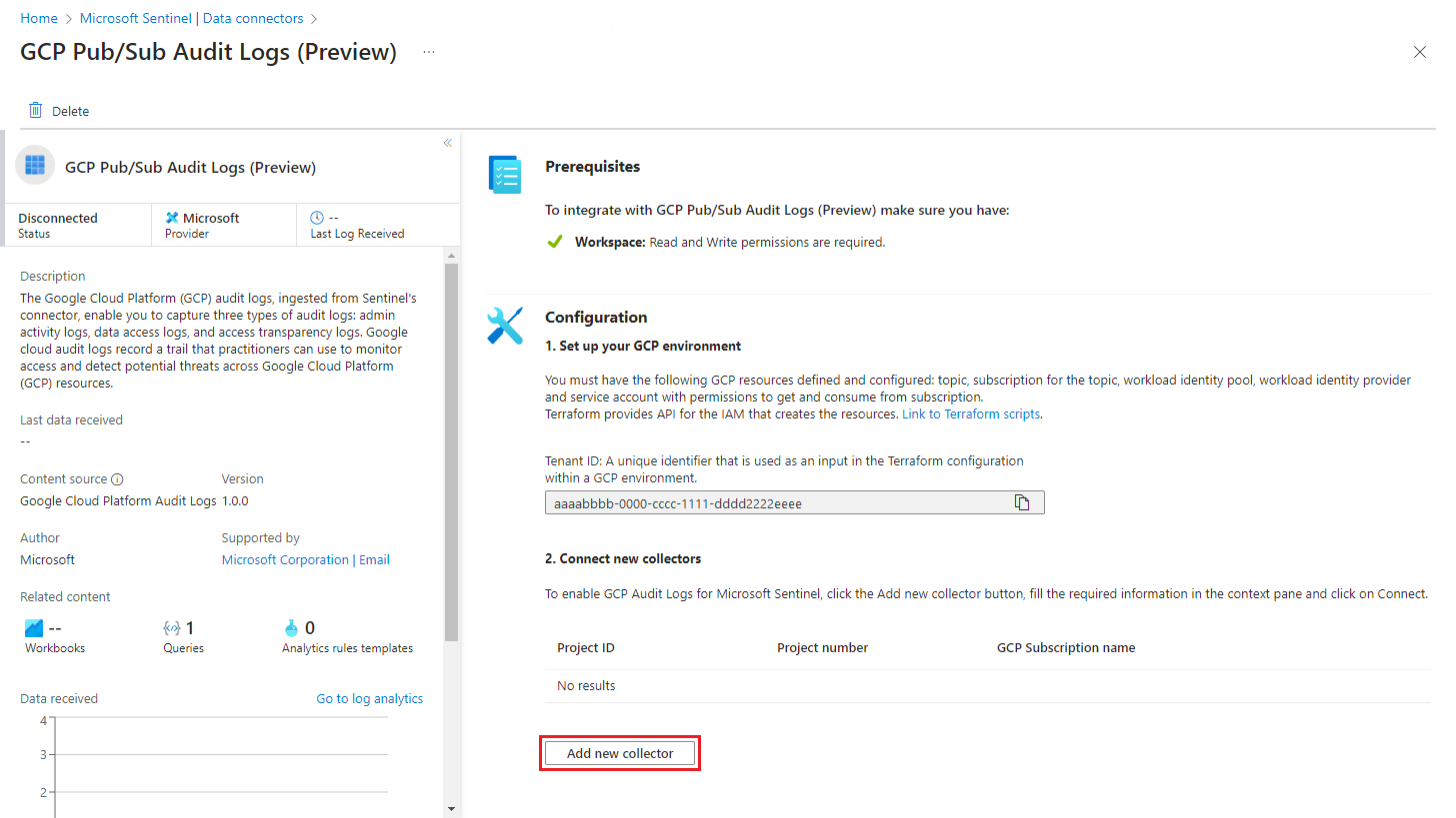 Screenshot della configurazione del connettore GCP