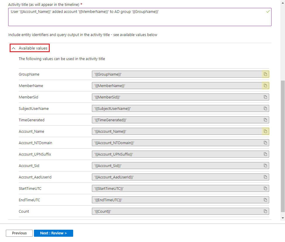 Screenshot: visualizzare i valori disponibili per il titolo dell'attività