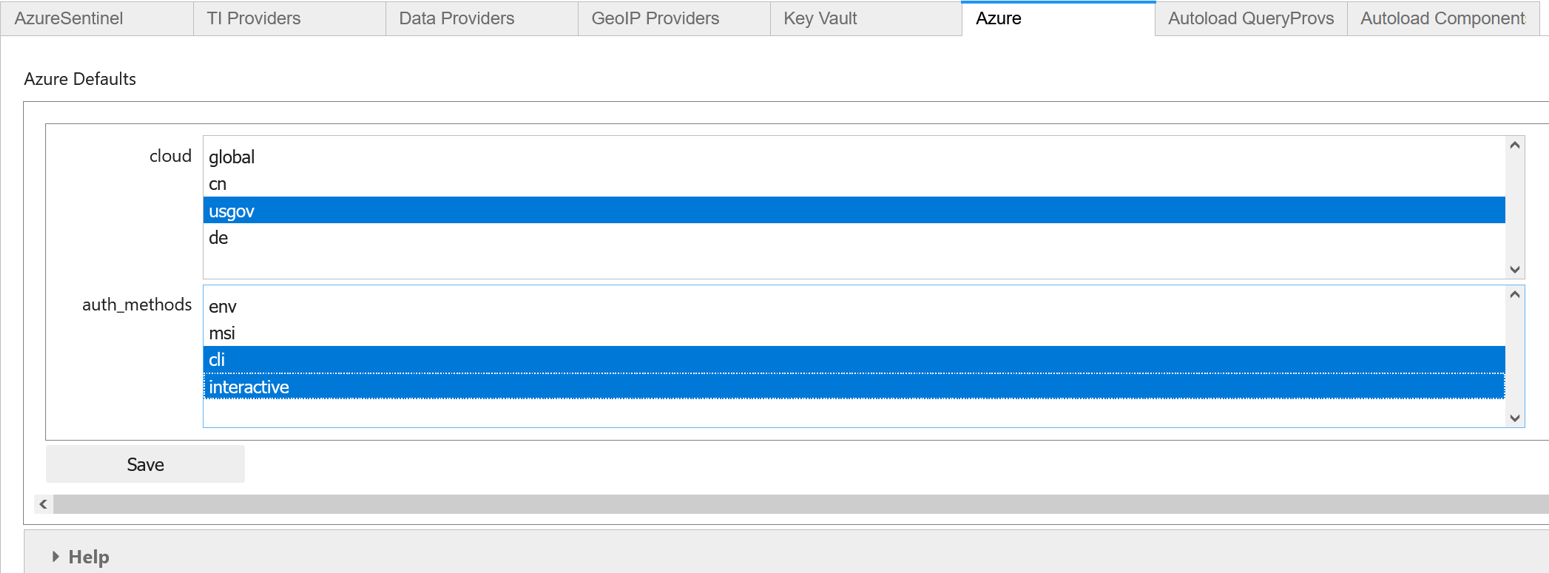 Screenshot delle impostazioni definite per il cloud di Azure per enti pubblici.