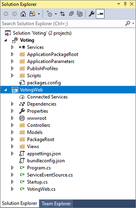 Screenshot che mostra Esplora soluzioni dopo la creazione dell'applicazione usando il servizio API Web principale ASP.NET.