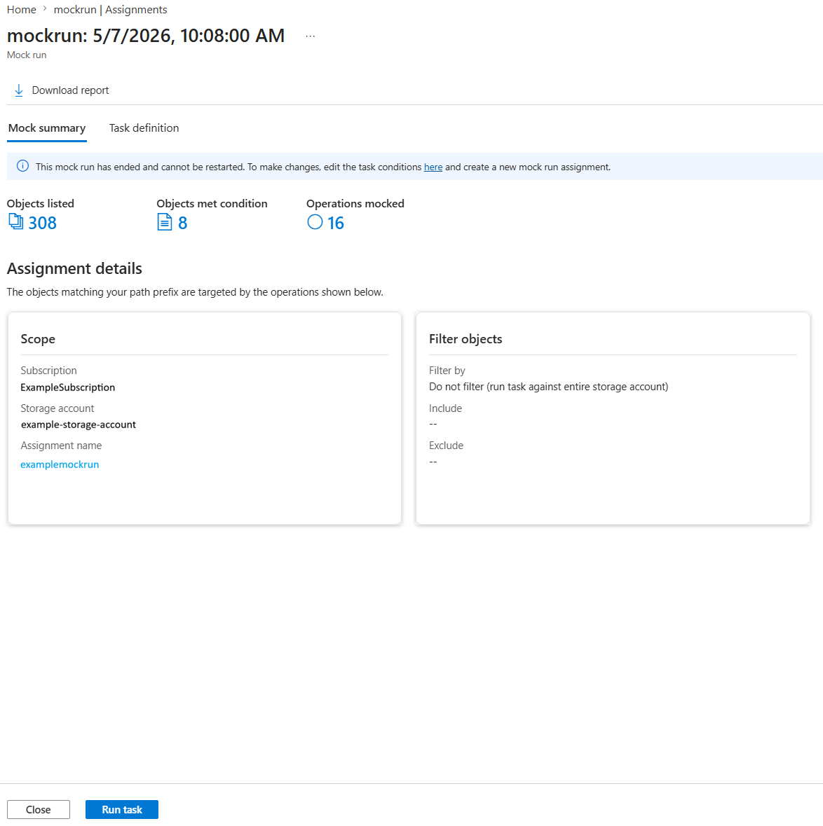Screenshot della pagina dei risultati di esecuzione fittizia nel portale di Azure con metriche di riepilogo fittizie e il pulsante Scarica report.