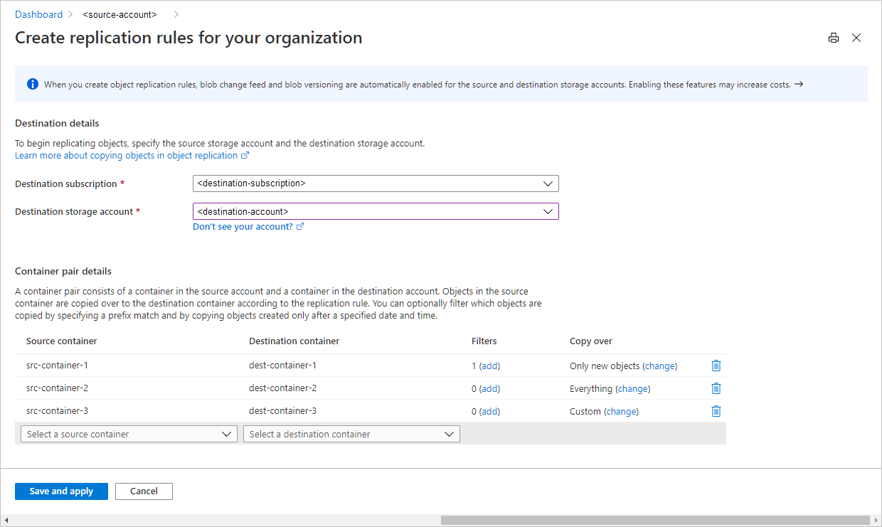 Screenshot che mostra le regole di replica in Azure portal