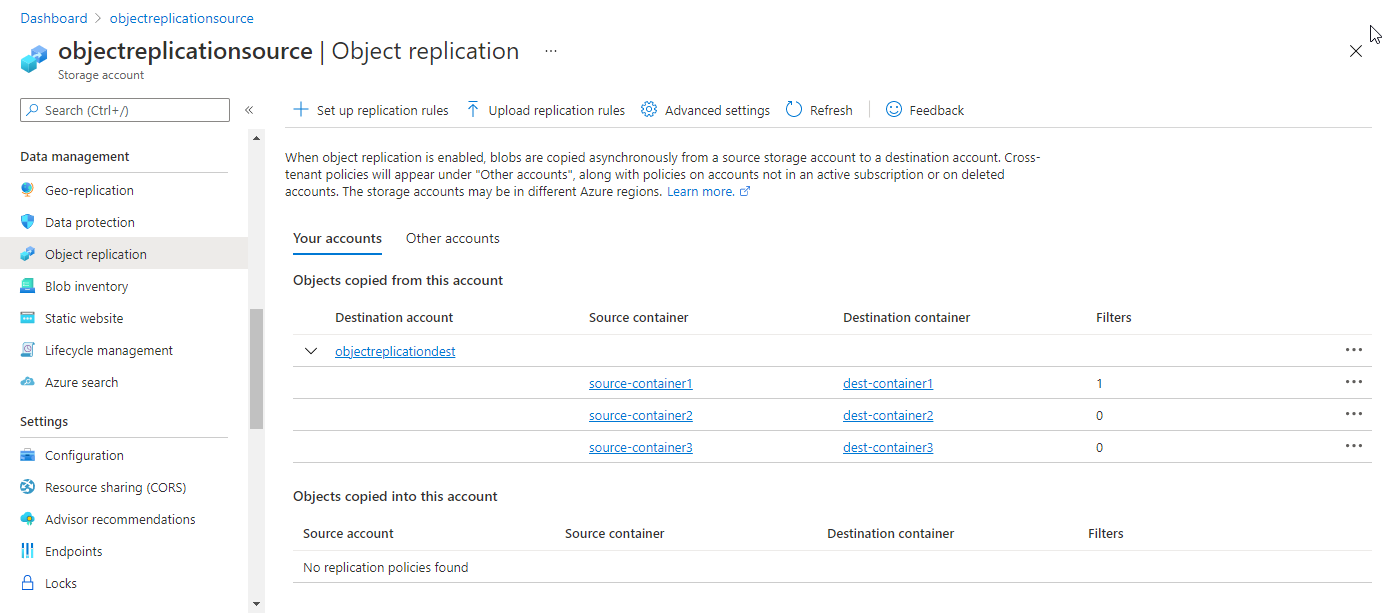 Screenshot che mostra i criteri di replica degli oggetti in Azure portal