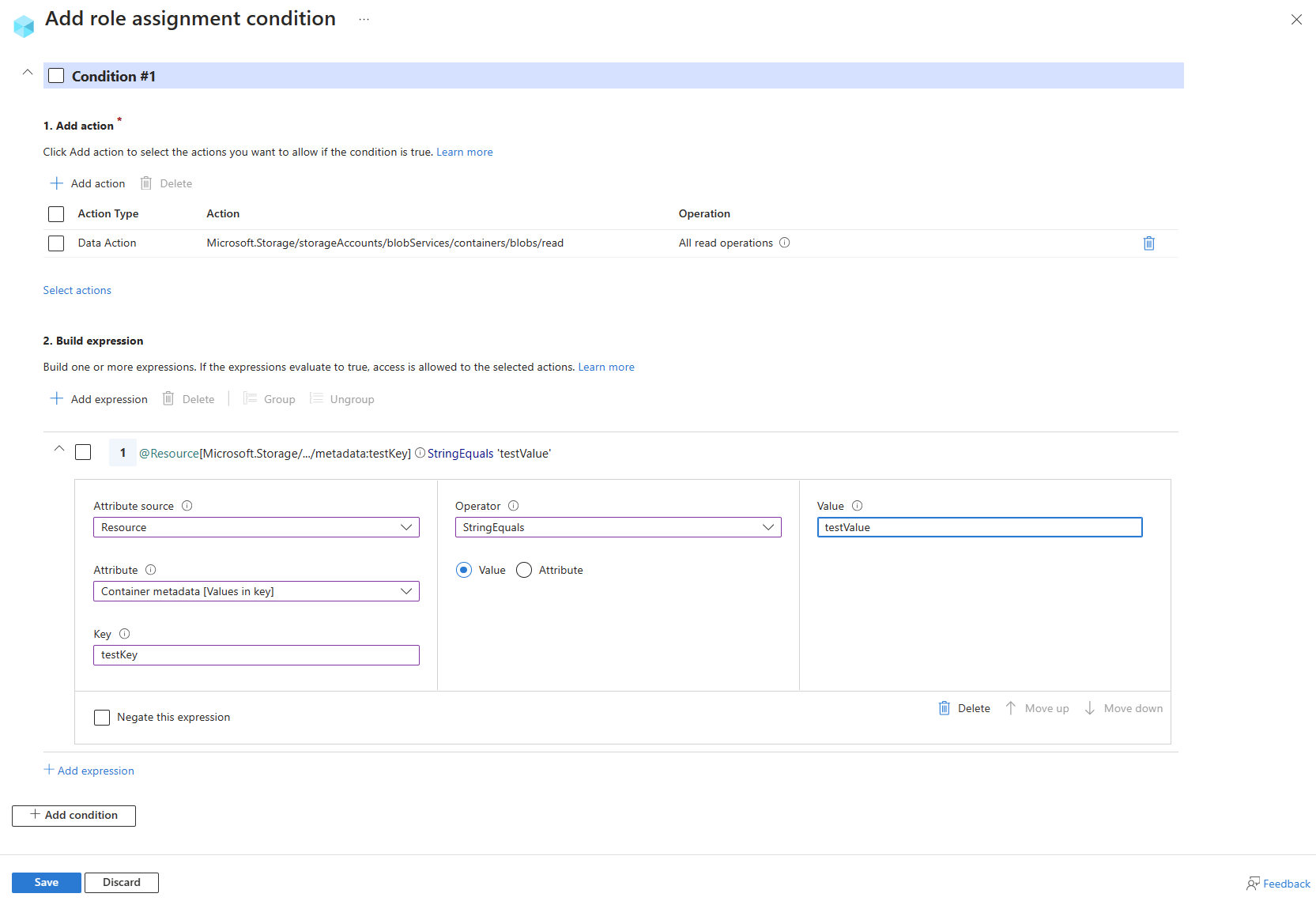Screenshot dell'editor condizioni nel portale di Azure che mostra il BLOB letto nel contenitore con metadati specifici.