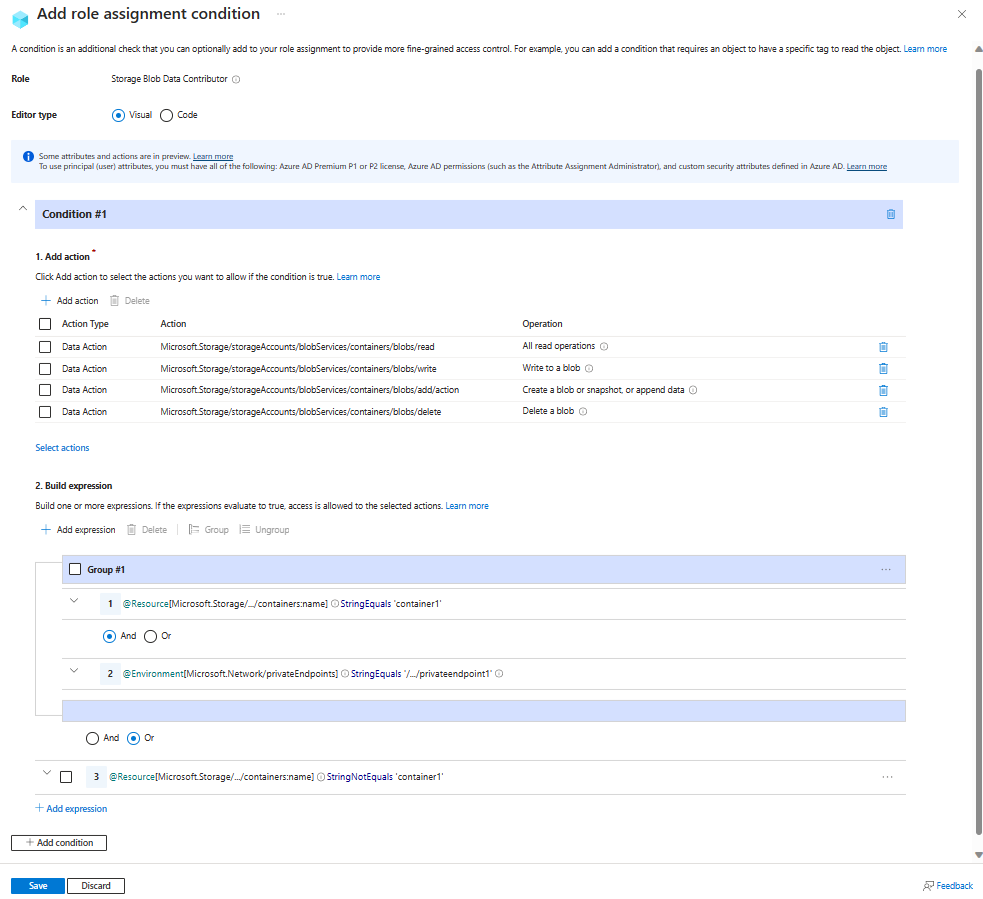 Screenshot dell'editor di condizioni nel portale di Azure che mostra la lettura, la scrittura o l'eliminazione di BLOB in contenitori denominati con l'attributo dell'ambiente dell'endpoint privato.