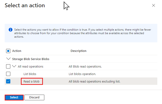 Screenshot del riquadro Selezionare un'azione con un'azione selezionata.