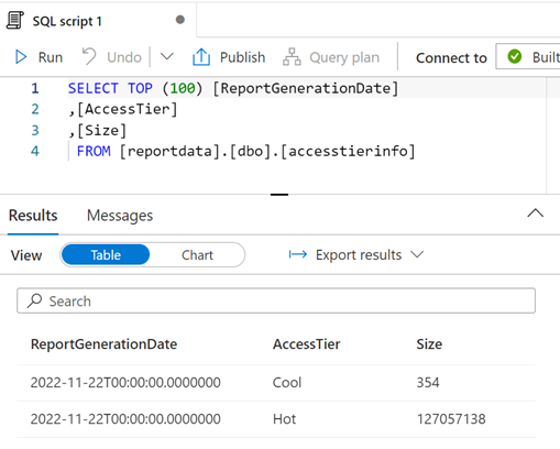 Screenshot dell'editor di query e dei risultati delle query