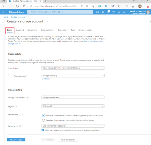 Screenshot che mostra una configurazione standard per un nuovo account di archiviazione - Scheda Dati principali.