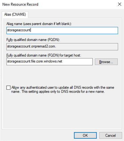 Screenshot che mostra come aggiungere un record CNAME per il routing dei suffissi tramite Gestione DNS di Active Directory.