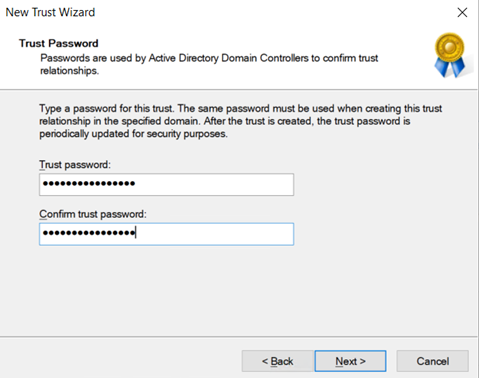 Screenshot della console di Dominio di Active Directory e Trusts che mostra come immettere una password per l'attendibilità.