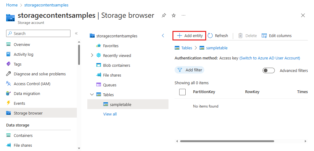Screenshot che mostra come aggiungere una nuova entità a una tabella nel browser di archiviazione nel portale di Azure.