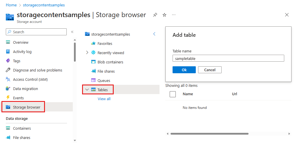 Screenshot che mostra come creare una tabella nel browser di archiviazione nel portale di Azure.
