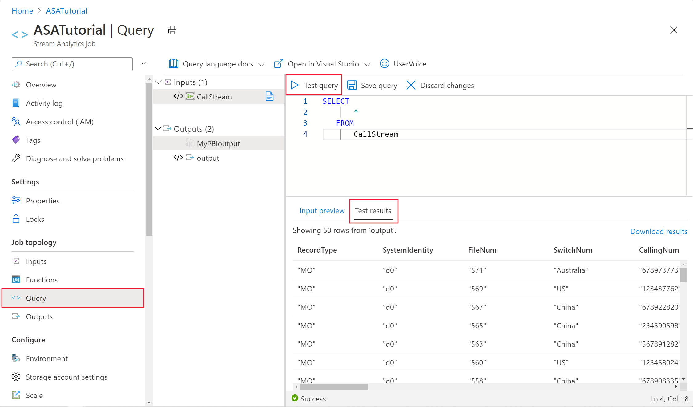 Output di esempio dalla query di test.