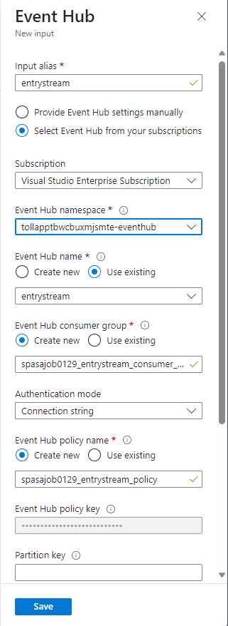 Screenshot che mostra la selezione dell'hub degli eventi di ingresso.