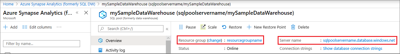 Screenshot del portale di Azure contenente il nome del server e il gruppo di risorse del pool SQL dedicato (in precedenza SQL Data Warehouse).