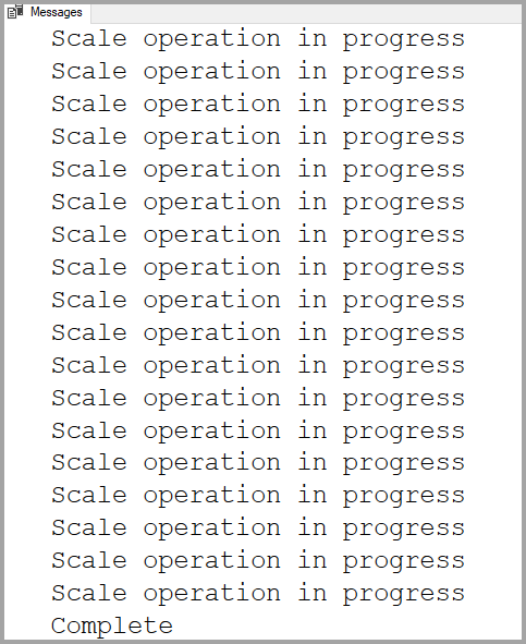 Screenshot di SQL Server Management Studio che mostra l'output della query per monitorare lo stato dell'operazione del pool SQL dedicato. Viene visualizzata una serie di righe 