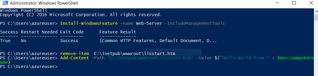 Screenshot dell'installazione di IIS e della personalizzazione della pagina Web.