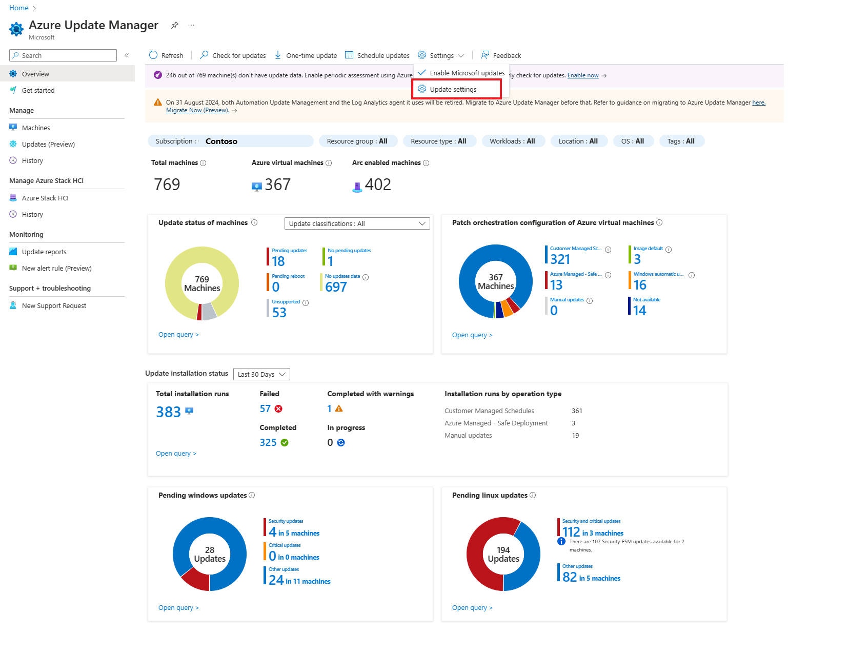 Schermata che mostra l'opzione Impostazioni di aggiornamento di Gestione aggiornamenti.