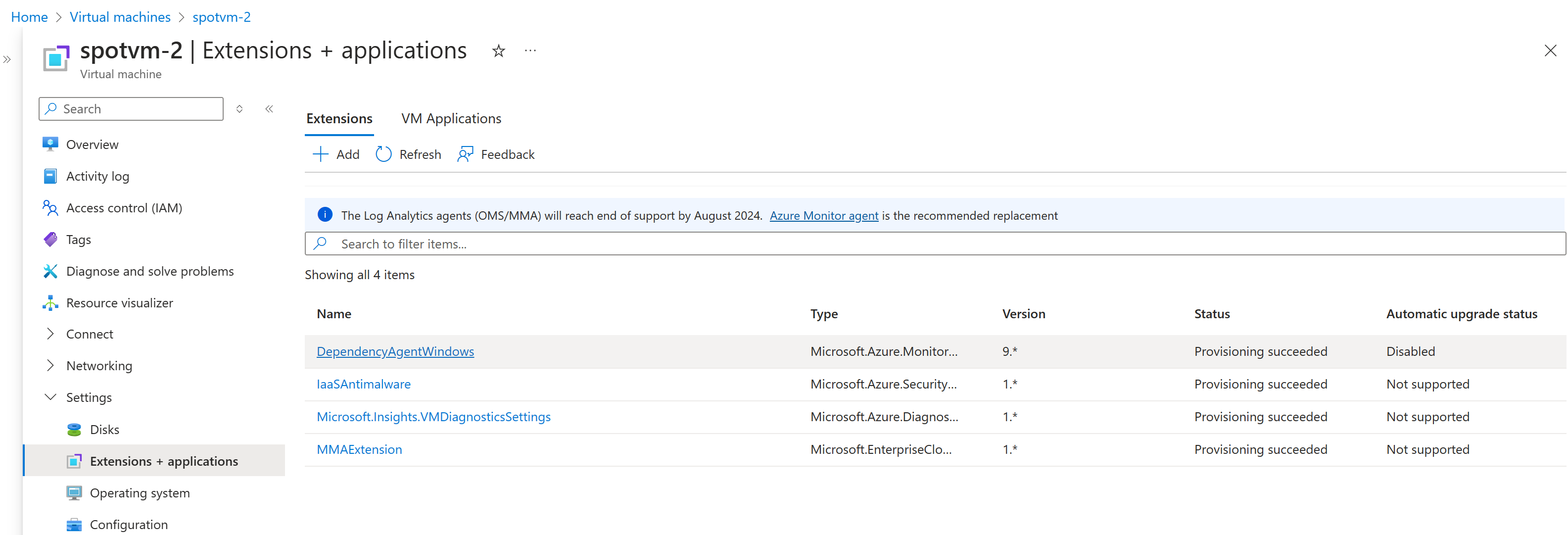 Screenshot che mostra se l'estensione è supportata per l'aggiornamento automatico nel portale di Azure.