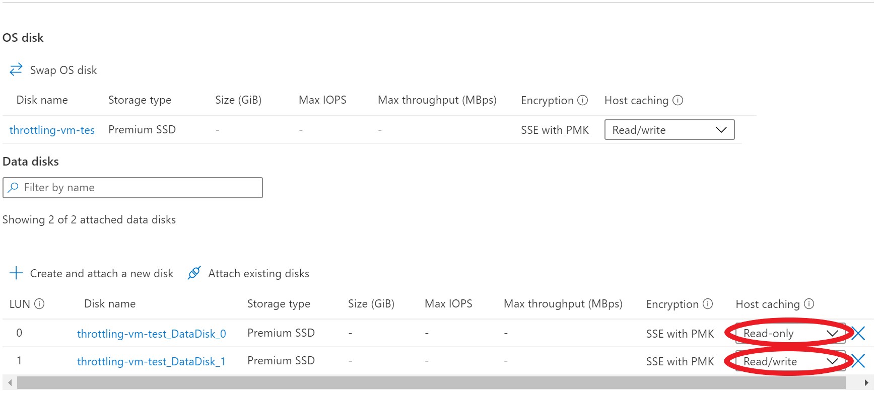 Screenshot delle impostazioni del disco del portale di Azure che mostra la memorizzazione nella cache di lettura/scrittura per il disco del sistema operativo, la memorizzazione nella cache di sola lettura per un disco dati e la memorizzazione nella cache di lettura/scrittura per un altro disco dati.