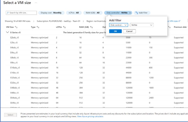 Screenshot delle selezioni per l'aggiunta di un filtro controller di disco per l'interfaccia NVMe.