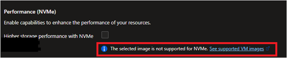 Screenshot che mostra un esempio di scelta di un'immagine del sistema operativo non supportata per NVMe.