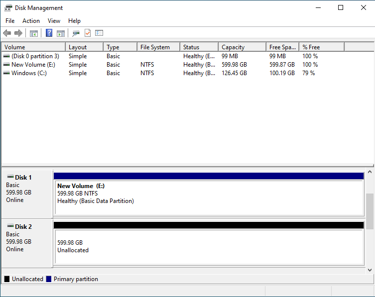 Screenshot dello strumento Gestione disco che mostra un nuovo volume.
