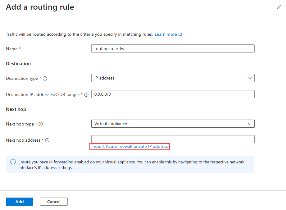 Screenshot che mostra la regola di route con opzione Firewall di Azure.
