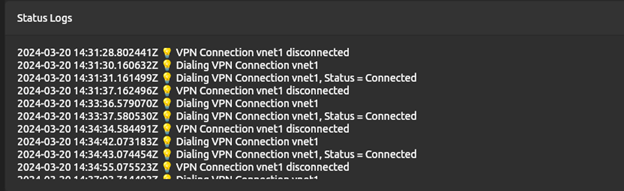 Screenshot del client VPN di Azure per Linux con i log di stato.