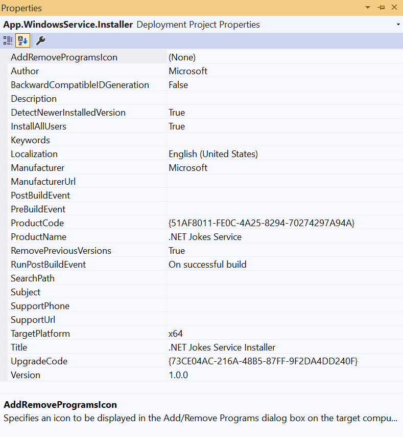 Riquadro delle proprietà del progetto del programma di installazione.