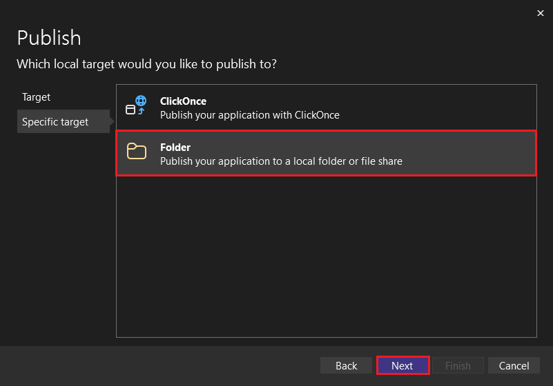 Selezionare la destinazione di pubblicazione specifica in Visual Studio.
