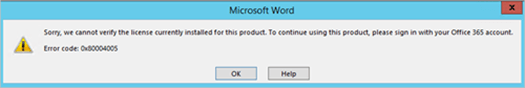 Screenshot del messaggio di errore che indica che la licenza non può essere verificata, con il codice di errore 0x8004005.