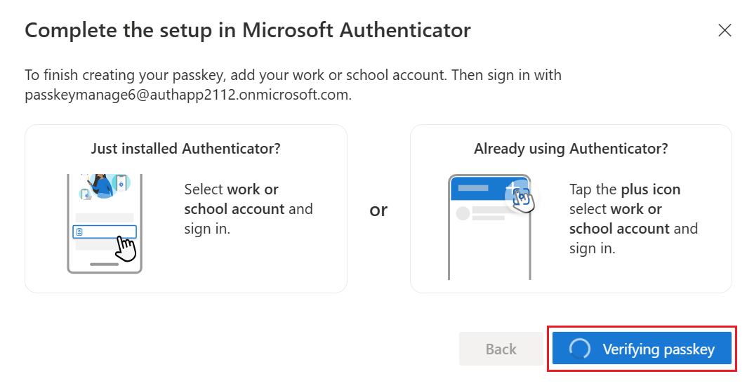Screenshot che mostra la procedura guidata che verifica la passkey nell'Authenticator.