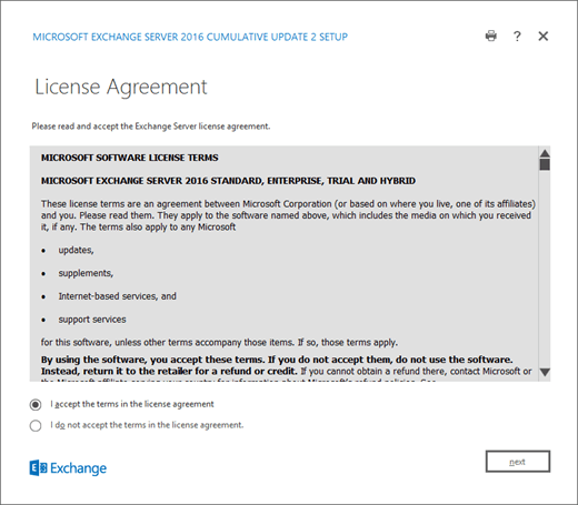 Installazione di Exchange, Pagina Contratto di licenza.