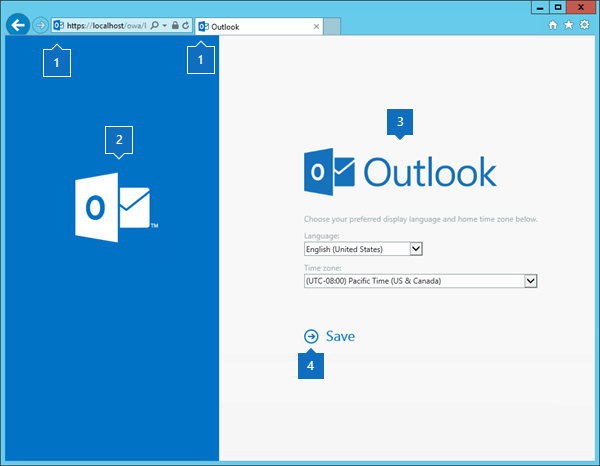 Outlook sul web pagina di selezione della lingua con call-out degli elementi.