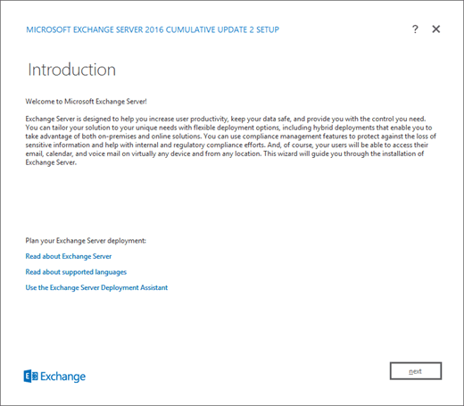 Installazione di Exchange, Pagina Introduzione.