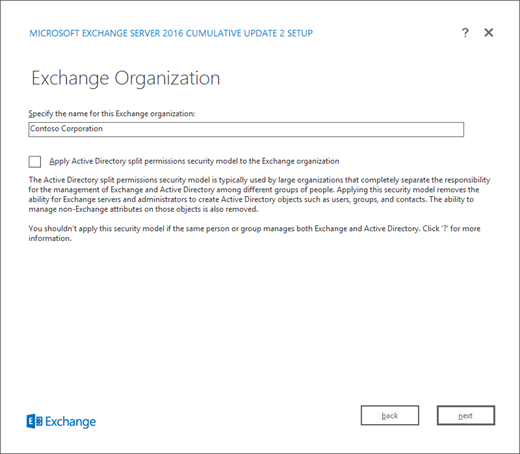 Installazione di Exchange, Pagina Organizzazione di Exchange.