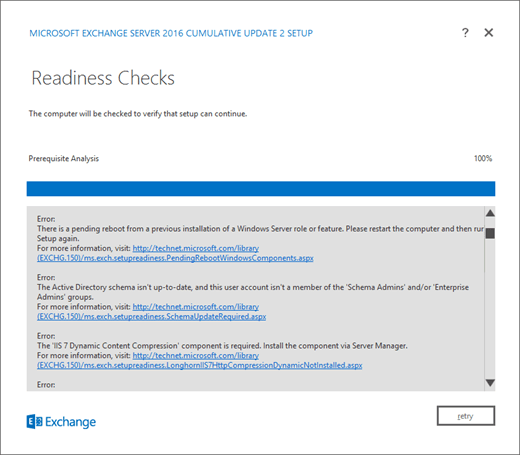 Installazione di Exchange, Pagina Verifica preparazione con errori rilevati.