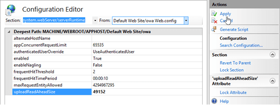 Modificare il valore uploadReadAheadSize nell'editor di configurazione in IIS per la directory virtuale owa.