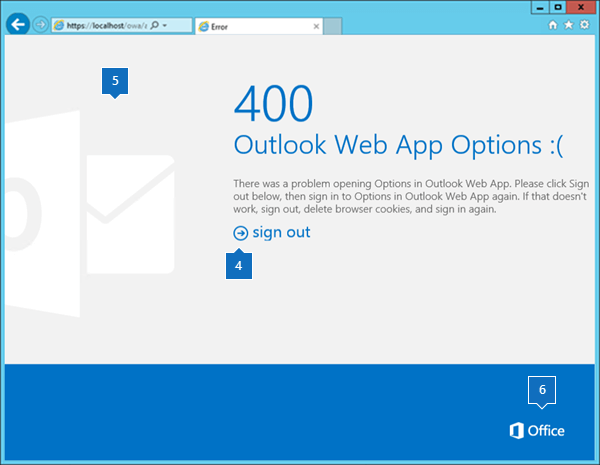 Outlook sul web pagina di errore con call-out degli elementi.