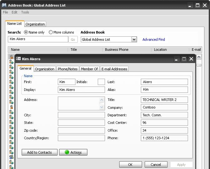 Modello di dettagli predefinito in Outlook 2007.