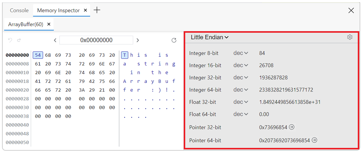 Memory inspector panel Value inspector