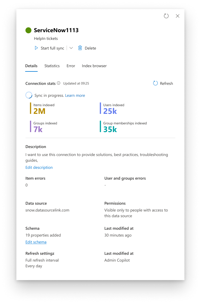 Screenshot che mostra l'elenco dei connettori con un connettore selezionato e il riquadro dei dettagli che mostra le informazioni su questo connettore.