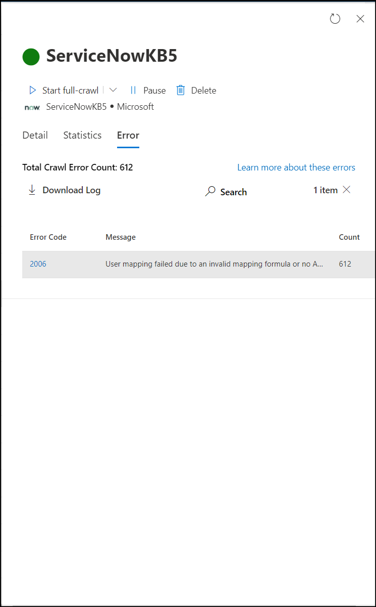 Screenshot della scheda Errore che mostra i problemi di mapping con il codice di errore 2006.