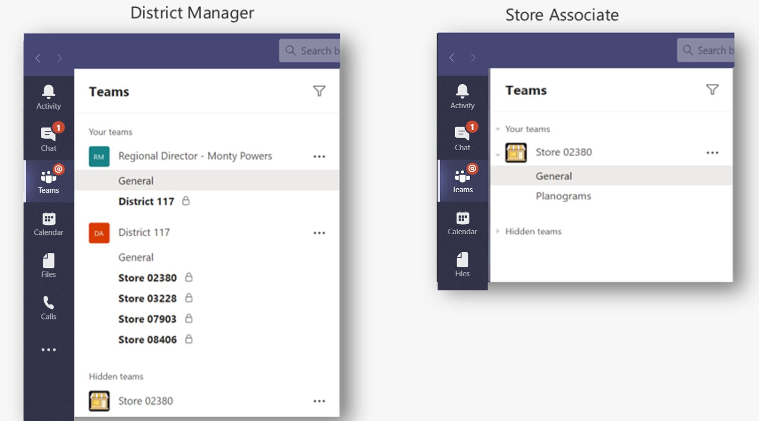 Screenshot che mostra l'interfaccia dei canali di Teams di District Manager e di Store Associate.