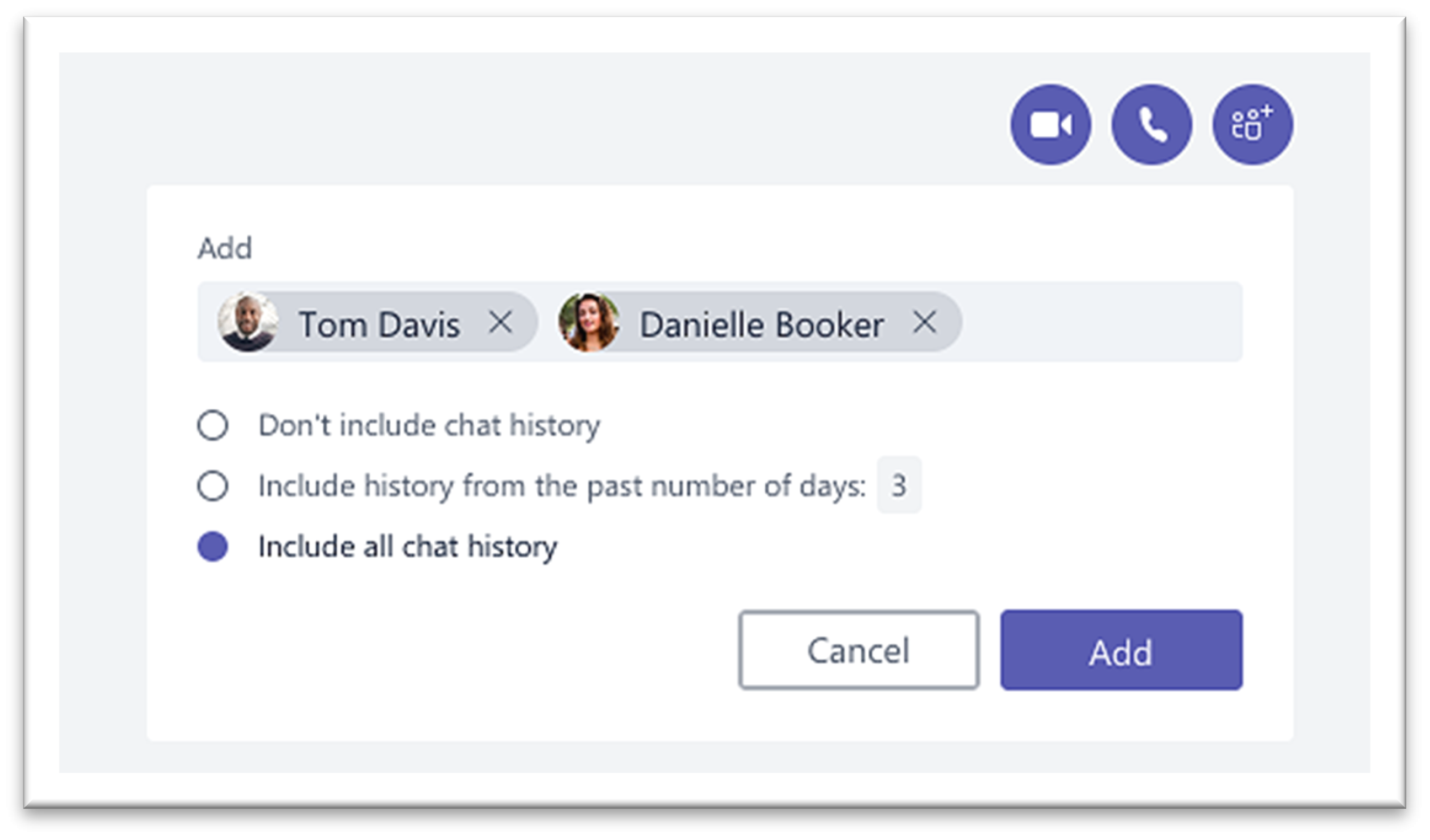 Screenshot che mostra la pagina in cui è possibile aggiungere persone alla conversazione