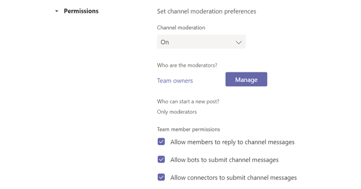 Screenshot che mostra la pagina in cui è possibile definire le preferenze per la moderazione dei canali di Teams.