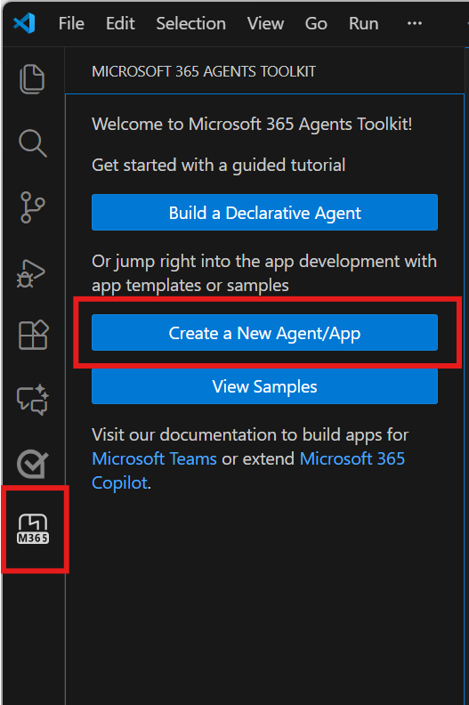 Screenshots shows the location of the Create New Project link in the Teams Toolkit sidebar.