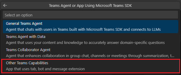 Screenshot shows the Other Teams Capabilities to select.