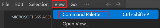 Screenshot shows the command palette option under **View**.